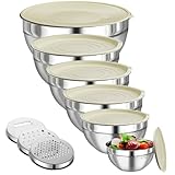 LEIKEEGO Rührschüssel mit Deckel 6er Set, Edelstahl Schüssel Set mit Spritzschutz, Rührschüssel Set mit 3 Reibenaufsätzen, Größe 4.5L, 3L, 2.1L, 1.6L, 1.1L, 0.7L
