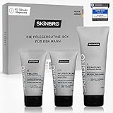 SKINBRO Gesichtspflege Männer Set | Made in Germany | 3er Skincare Pflegeset Herren - Reinigung, Peeling und Gesichtscreme Coffein Vegan | Ideales Geschenkset Männer | Cleanser, Care & Moisturizer