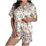 Generisch Damen Bedruckter Pyjama Seide Satin Loungewear Bequeme Kleidung Zweiteilig Hemd Und Shorts Schön Romantisch Weihnachtlich Schneeflockenmuster Schlafanzug mit Knöpfen Revers Haushalt