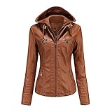 E-girl Damen Braun Lederjacke Schlank Kurz Kunstleder Kapuze Jacket Reißverschluss Motorrad Jacke für Frühling und Herbst,XXL,C6699N