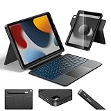 HOU Combo hülle mit Tastatur drehbar für ipad 9 Generation 10,2 Zoll & 8. Gen & 7. Gen Multi-Touch Trackpad, 7 Farben Hintergrundbeleuchtung,abnehmbar,Ultraleicht,Portrait/Landscape Modi,Schwar