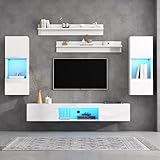 DUlVBPE TV Wohnwand Set 5-teilig, Wohnzimmer Möbel Set mit LED Beleuchtung, Hochglanz Weiß Frontale Wohnwand mit 1 x TV Schrank, 2 x Wandschrank, 2 x Hängeregal, für 70-Zoll-TV
