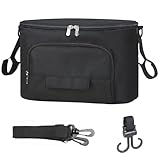 Bizcasa Kinderwagen Organizer, Universal Kinderwagentasche, Baby Kinderwagen Tasche, Baby Wickeltaschen mit Reißverschlusstasche, Becherhalter, Schultergurt und Großem Stauraum (Schwarz)