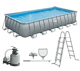 Summer Waves Frame Pool Komplettset | Rechteckig 732x366x132 cm Grau | Aufstellpool Set | Gartenpool & Schwimmbecken inkl. Sandfilterpumpe, Einstiegsleiter, Abdeckplane, Bodenvlies & Reinigungsset