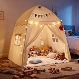 Hiromeco Kinderzelt Spielzelt Indoor Kinderzimmer Spielhaus: 150x100x150 cm Großes Spielhaus mit Matte – Lichtkette & 2 Deko-Sets – Schafft Festliche Stimmung zu Weihnachten (Beige)