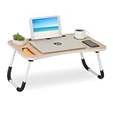 Relaxdays Laptoptisch für Couch, klappbar, Tablethalter, Getränkehalter, Betttisch, HxBxT: 26 x 63 x 40 cm, Natur/weiß