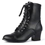 GiledGrace Schwarze kurze Stiefeletten Schnürung für Frauen Seitlicher Reißverschluss Viktorianische Stiefeletten Block Chunky Mid Heel Schwarz Größe 42