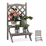 Relaxdays Blumentreppe mit Rankgitter, Blumenregal mit 2 Stufen, Pflanzentreppe Holz für Blumen, HBT: 90x51x40 cm, grau