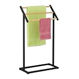 Relaxdays Handtuchständer, 3 Stangen, freistehend, HxBxT: 80x45x21,5 cm, Duschtuchhalter fürs Bad, Eisen, schwarz/Natur