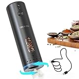 CIRCLE JOY Wiederaufladbare Elektrische Pfeffermühle, Automatische Pfeffermühle mit 110ml-Behälter, Extern Einstellbare Grobheit, Weißes LED-Licht und Einhandbedienung, Schwarz