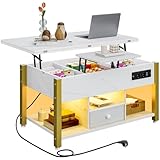 YITAHOME Couchtisch mit Höhenverstellbarer, 4-in-1-Multifunktions-Couchtisch mit Stauraum und LED Beleuchtung, Couchtisch lässt Sich in einen Esstisch für das Wohnzimmer umwandeln, Weißer Marmor
