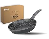 DIVORY Bratpfanne 16cm kein Induktion – Antihaft Beschichtete kleine Universalpfanne für alle Herdarten - Sichere Griffe (Graues Holz, 16cm)