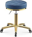 GYDUHYE 360° drehbarer Wohnzimmerhocker, 150 kg belastbar, robuster hydraulischer Hocker, Rollräder und goldener Edelstahlsockel, Rollhocker, Drehbarer runder Hocker (Farbe : Blau