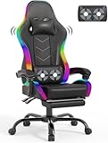 Devoko LED Gaming Stuhl mit Massage, Computerstuhl mit Fußstütze Massage-Lendenkissen, Racing Gamer Stuhl Ergonomisch mit Verstellbare Kopfstütze, Bürostuhl Gaming Stuhl 130 kg belastbarkeit,Schwarz