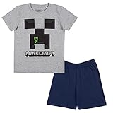 Minecraft Kids - Creeper Männer Kinder-Pyjama grau meliert/weiß Bösewichte, Fan-Merch, Gaming (as3, Numeric, Numeric_140, Regular, Grau)