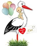 GLÜCKSGUT® Klapperstorch Baby Gelb, 100 cm | 5-teiliges Set | Geburtsstorch inkl. Holzstab + Namensschild + Grußkarte + Stift + Ballons | Storch Geburt für Draussen & Drinnen | Geburtsgeschenk