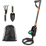 PEILU Kinder Metalldetektoren Outdoor Metall Detektor Set inkl. Plastikschaufel, Grabkralle & Tragtasche Profi Garten Metallsuchgerät mit LCD-Display, Wasserdicht Suchspule & Lang Handgriff (Schwarz)