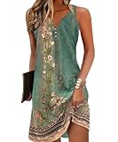 Yeenily Damen Bohemian Ärmellos Kleid V-Ausschnitt Blumenmuster Tunikakleider A Linien Lose Lässiges MiniKleid Freizeitkleid(Ärmellos Grün,M)