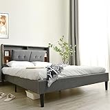 Polsterbett Doppelbett Stauraum-Kopfteil Bett mit Aufladen USB und LED-Beleuchtung Bettgestell Lattenrost aus Holz, Grau(Ohne Matratze) (160 * 200CM)