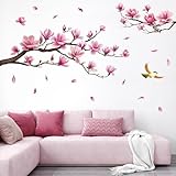 Abnehmbare Rosa Magnolienblüten Wandsticker, Baum Ast Wandaufkleber, Selbstklebende Vinyl Wandtattoos, Wanddeko für Wohnzimmer Schlafzimmer