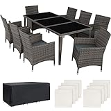 TecTake Aluminium Poly Rattan Gartenmöbel Set 8 Stühle mit Tisch mit Glasplatten, inkl. 2 Bezugssets und Schutzhülle, wetterfeste Balkon Möbel - grau