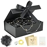 Geschenkbox mit Schleife, Geschenkverpackung Box Geschenk Verpackungsbox mit Deckel, Faltbare Magnetisch Geschenkkarton mit Grußkarten, Raffia Hamper Shreds und LED-Lichterketten (Schwarz)