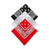FuzlPnag 3 Stück bandana Kopftuch Damen und Herren,Unisex Bandana, Nickitücher als Kopftuch oder Halstuch,Baumwolle Bandana Set,Haarschal in Paisley Muster(Weiß, Schwarz, Rot