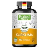 BIO Kurkuma Kapseln hochdosiert - 180 Curcuma Kapseln hochdosiert, 3000mg pro Tagesdosis - Hoher Curcumin Gehalt, in Deutschland produziert - Vegan kurkuma kapseln hochdosiert - Raibu