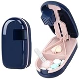 Alyvisun Tablettenteiler für Alle Tabletten, Tragbarer Pillenteiler& Tabletten Zerkleinern, V-Schnitt mit Mahlfunktion, Automatisches Ausgleiten, Sicherheits-Schutz & Schiebefach (Blau)