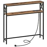 MAHANCRIS 100 cm 2-stöckiger Konsolentisch, Beistelltisch, mit 2 Steckdosen und 2 USB, Schmaler Eingangstisch, Flurtisch, Sofatisch für Flur, Wohnzimmer, Schlafzimmer, Vintagebraun ACTHR115UE01