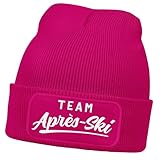 MoonWorks® Damen Beanie Patch Skifahren Strickmütze mit Spruch Team Après Ski Aufdruck Lustig Damenmütze Pink Unisize
