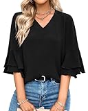 Tanmolo Damen Bluse Elegant V-Ausschnitt 3/4 Ärmel Lässige Blusen mit Rüschenärmel Tunika Tops (Schwarz, XL)