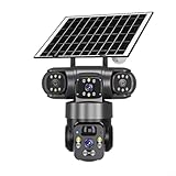 4K Wireless Solar Security Camera Three Lens 360° PTZ Outdoor Battery Powered 2560x1440P Night Vision Waterproof IP66 Cloud Storage WiFi CCTV System (Black)