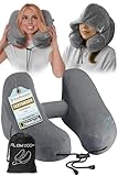 FLOWZOOM Air Nackenkissen Flugzeug – H-Design Reisekissen für 5 Schlafpositionen, schnell aufblasbar & druckregulierbar – Nackenhörnchen mit Abnehmbarer Kapuze & weichem Plüschbezug – Größe M, Grau