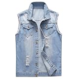KUDORO Herren Denim Weste Zerrissen Jeansweste Ärmellose Biker Casual Freizeitweste(XL,Hellblau)