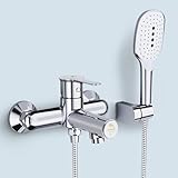 KULACO Badewannenarmatur mit Handbrause, Wasserhahn Badewanne mit Druckschalter, Einhand Armatur Badewanne aus Messing, Chrom Wannenarmatur mit 3 Funktionen, Mischbatterie Dusche Duscharmatur für Bad