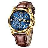 OLEVS Gold Armbanduhr Herren Großes Zifferblatt Luxus Römische Zahlen Chronograph Herren Armbanduhr Braun Vintage Lederarmband Uhr Herren mit Datum Lässig Leuchtend Quarz Herrenuhren Blau Wasserdicht