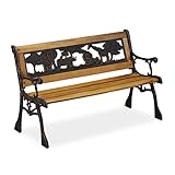 Relaxdays Kinder Gartenbank, Afrika Tier-Motiv, 50 kg Traglast, Holz, Gusseisen, HBT: 51 x 83 x 37 cm, Kinderbank, Natur