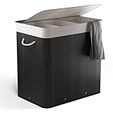 NewHabitat Bambus Wäschekorb 3 Fächer – 170L Wäschesammler mit Deckel & herausnehmbarem Sack – Wäschetrennung, Tragegriffe, stabil & dekorativ für Bad & Schlafzimmer (Schwarz)