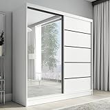 A&J MöbelLand Schwebetürenschrank Nero Kleiderschrank 2-türig mit Schubladen und Spiegel, Garderobe 200 cm (Weiß)
