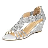 PIZZ ANNU Sandalen Damen Glitzer Strass Sandaletten mit Keilabsatz Reißverschluss Plateau Sommer Frauen Schuhe Keilsandalen Elegant Bequem Sommerschuhe Silber EU 40