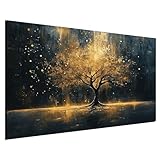 DARO Design® Bild auf Leinwand Groß 84x56 cm XXL Schlafzimmer Bilder Badezimmer Wand Deko Wohnzimmer Modern Wanddeko Bilderwand Geschenk Abstrakt Lebensbaum Baum Schwarz Gold Strahlen