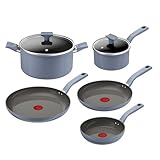 Tefal Cera Color On 7-teiliges Keramikkochgschirr-Set, Antihaft-Keramikbeschichtung, Thermo-Signal, Thermo-Fusion-Boden, kompatibel mit allen Herdarten, Glasdeckel mit Dampfventil, Blau, G922S704