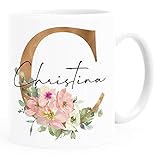 SpecialMe® Kaffee-Tasse mit Namen personalisiert Anfangsbuchstabe Initiale Monogram Blumen persönliche Geschenke weiß Keramik-Tasse