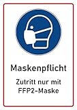 FFP2 Maskenpflicht Hinweis-Schild in A5 als wiederablösbarer Aufkleber, geeignet für alle ebenen und glatten Untergründe. Professionelles FFP2 Mundschutz Schild als Hinweisschild