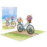 LIMAH® Pop Up 3D Blumen-Fahrrad-Karte, Glückwunschkarte, Geschenkkarte, Überraschungskarte Mit Einem Damenrad Und Roten Blumen Gut Kombinierbar Mit Einem Gutschein Zum Geburtstag