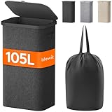 Lifewit 105L Wäschekorb mit Deckel, hoher Wäschekorb mit Kunststoffrahmen, faltbarer großer Wäschekorbsammler, Wäschekörbe für Schlafzimmer, Bad, Dunkelgrau