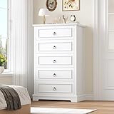 hefoths Kommode Weiß mit 5 Schubladen, Komodenschrank mit Holzmaserung, Sideboard Schubladenschrank für Schlafzimmer Flur Wohnzimmer, 111×68×40 cm