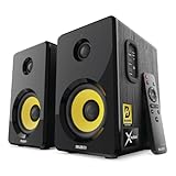 MAJORITY D40X Aktiv Regallautsprecher | 70W 2.0 Gelber Kevlar-Kegel Monitor Lautsprecher | Studio Monitor mit Bluetooth | Bookshelf HiFi Speakers mit Optische, RCA, USB AUX & Inklusive Fernbedienung