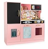 Leomark Kinderküche aus Holz, Holzküche für Kinder mit Licht & Sound, Spielküche goldenen Accessoires, Holzküche mit Zubehör,Schreibtafel, Mikrowelle, Mädchenküche ab 3 Jahren Memo Rosa